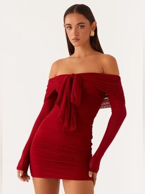 PEPPERMAYO temptation mini dress Burgundy Off-Shoulder Ruched Knot Mini Dress